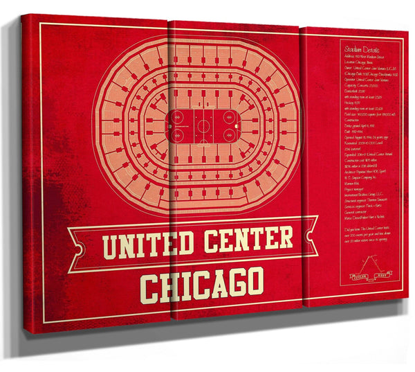 36" x 24" / 3 Panel Canvas Wrap Cutler West Chicago Blackhawks Team Colors - United Center Vintage Hockey Blueprint NHL Print