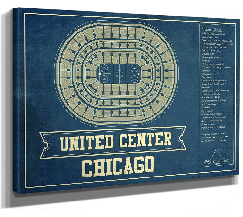 14" x 11" / Stretched Canvas Wrap Cutler West Chicago Blackhawks - United Center Vintage Hockey Blueprint NHL Print