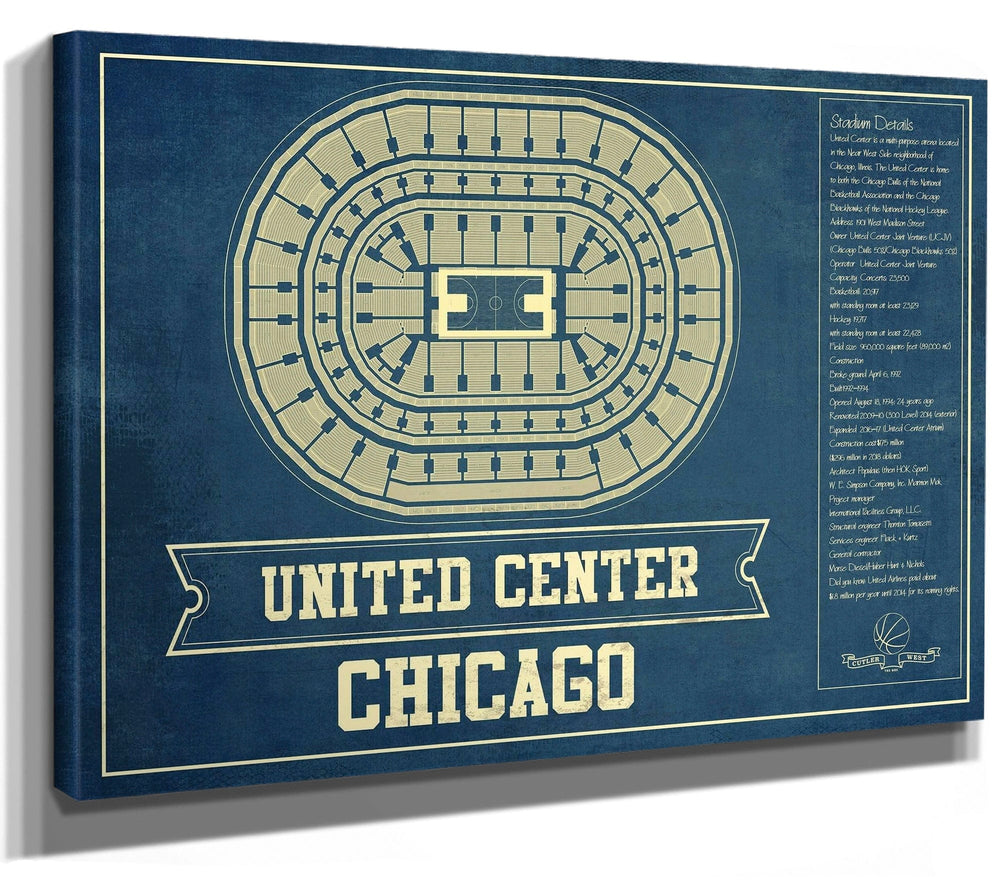 14" x 11" / Stretched Canvas Wrap Cutler West Chicago Bulls United Center Vintage Basketball Blueprint NBA Print