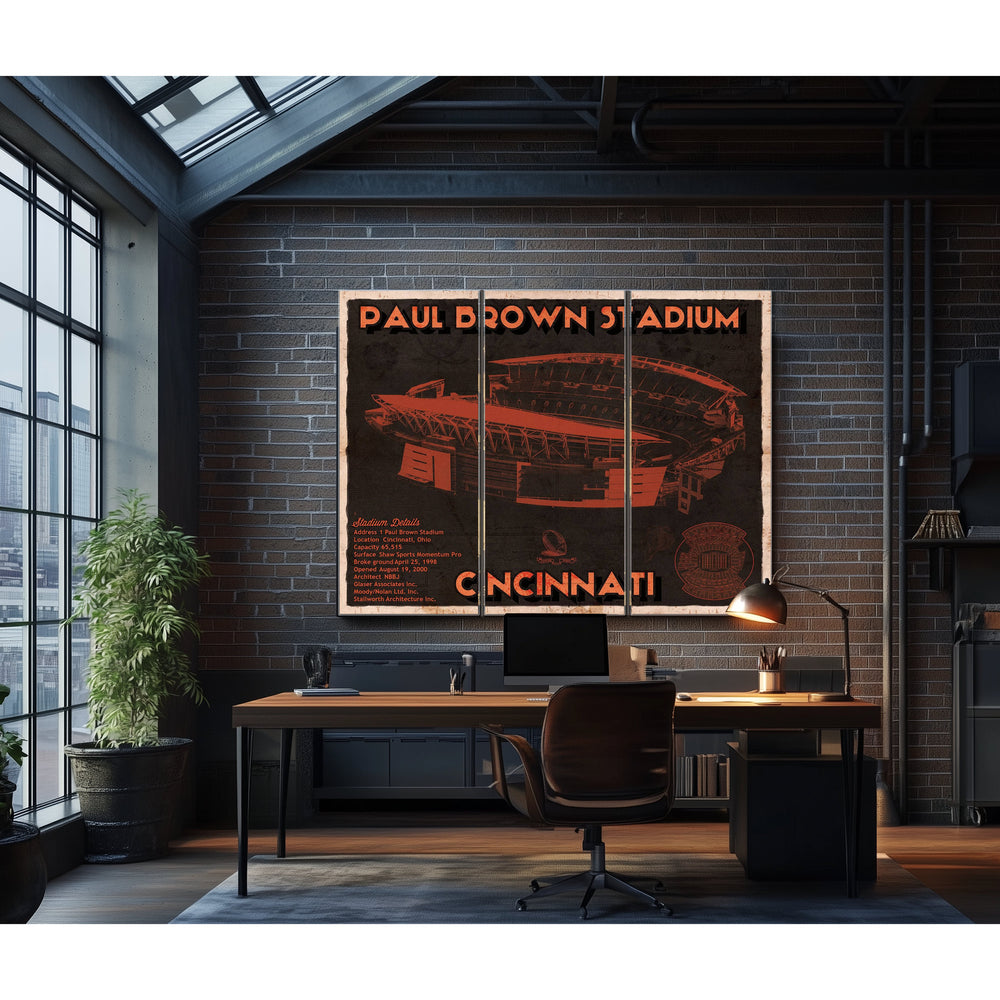 Cincinnati Bengals Paul Brown Stadium Print in a distressed Vintage Black wood frame with ornate corners