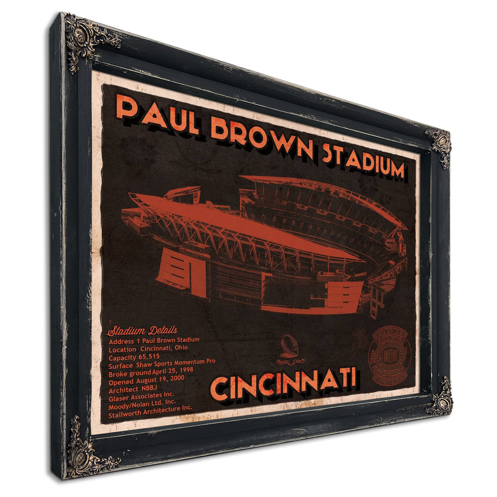 Cincinnati Bengals Paul Brown Stadium Print in a distressed Vintage Black wood frame with ornate corners