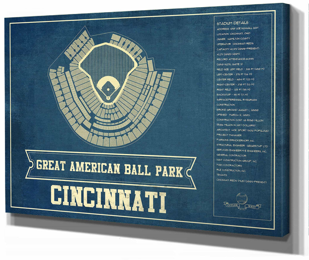 14" x 11" / Stretched Canvas Wrap Cutler West Cincinnati Reds Great American Ballpark Seating Chart - Vintage Baseball Art Print