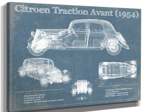14" x 11" / Stretched Canvas Wrap Cutler West Citroen Traction Avant (1954) Vintage Blueprint Auto Print