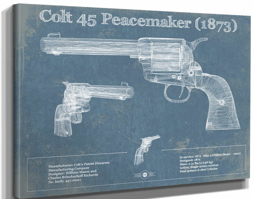 14" x 11" / Stretched Canvas Wrap Cutler West Colt 45 Peacemaker 1873 Blueprint Vintage Gun Print