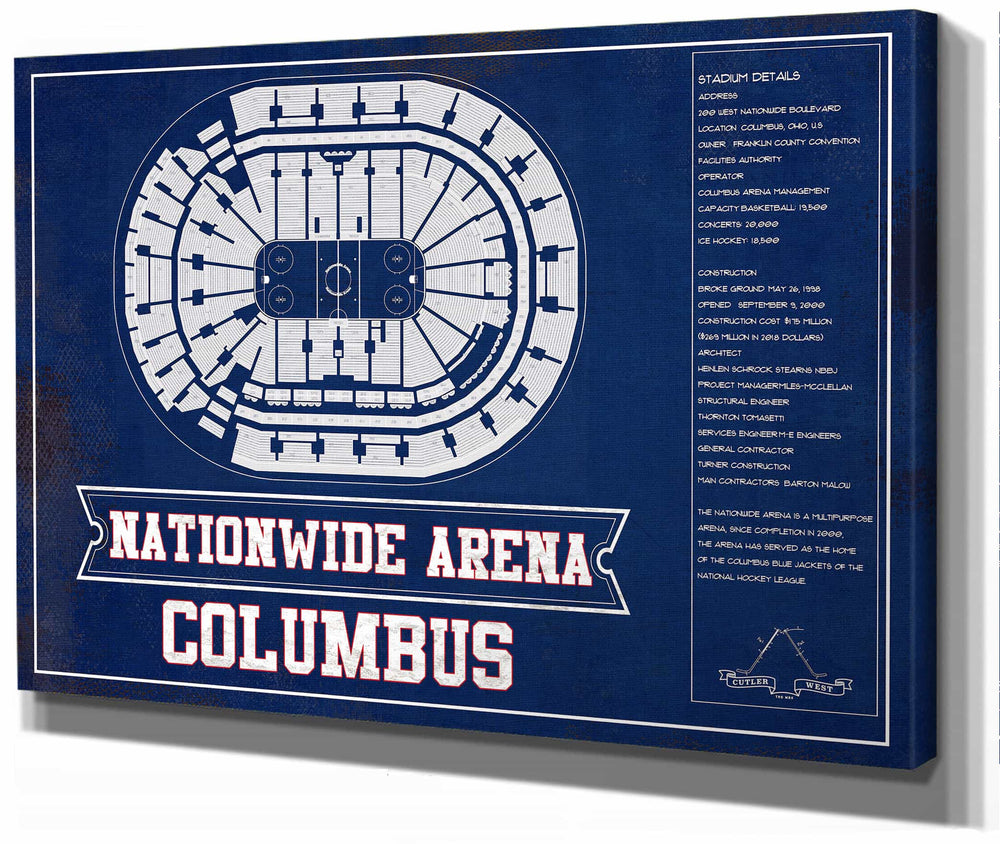 14" x 11" / Stretched Canvas Wrap Cutler West Columbus Blue Jackets Nationwide Arena Seating Chart - Vintage Hockey Print