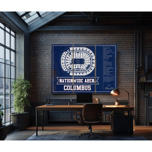 Columbus Blue Jackets Nationwide Arena Seating Print as a 3 panel canvas wrap in an industrial loft office