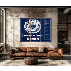 Columbus Blue Jackets Nationwide Arena Seating Print as a 3 panel canvas wrap above a leather sofa