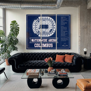 Columbus Blue Jackets Nationwide Arena Seating Print as a 3 panel canvas wrap in a modern living room