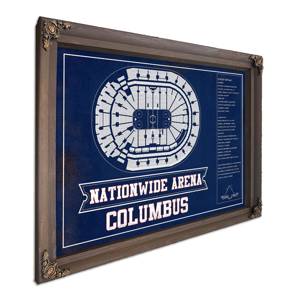 Columbus Blue Jackets Nationwide Arena Seating Print in a Bourbon stained wood frame with antique gold corners