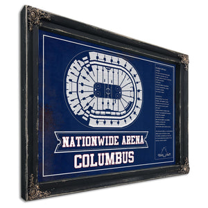 Columbus Blue Jackets Nationwide Arena Seating Print in a distressed Vintage Black wood frame with ornate corners