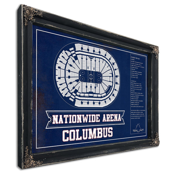 Columbus Blue Jackets Nationwide Arena Seating Print in a distressed Vintage Black wood frame with ornate corners