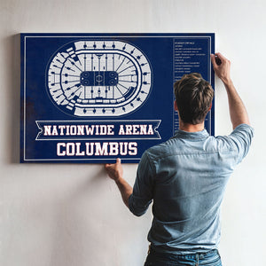 Columbus Blue Jackets Nationwide Arena Seating Print framed in Vintage Black above a mid-century record console