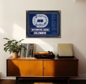 Columbus Blue Jackets Nationwide Arena Seating Print framed in Vintage Black in a loft bedroom