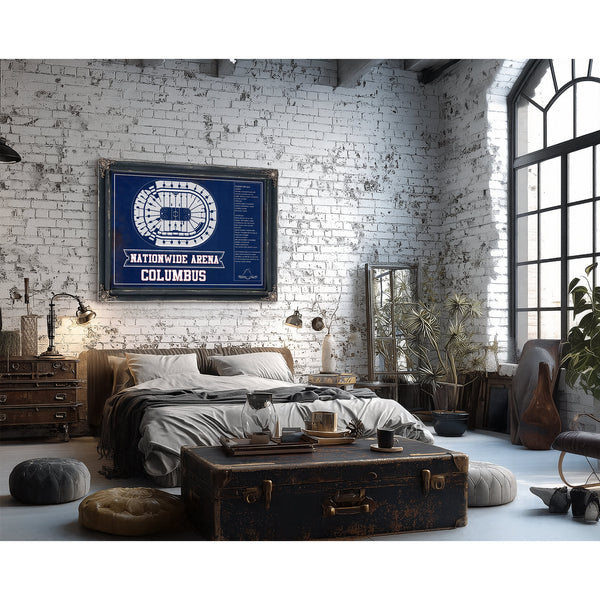 Columbus Blue Jackets Nationwide Arena Seating Print framed in Vintage Black in a farmhouse entryway