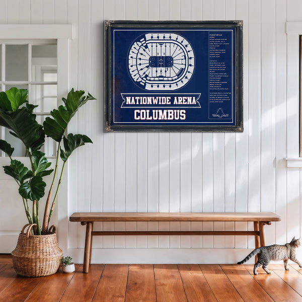 Columbus Blue Jackets Nationwide Arena Seating Print framed in Vintage Black above a rustic console table