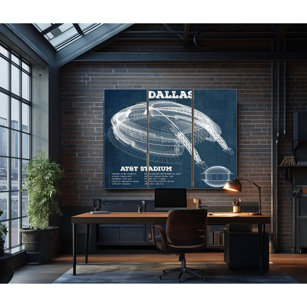 Dallas Cowboys - AT&T Stadium Print as a 3 panel canvas wrap in an industrial loft office