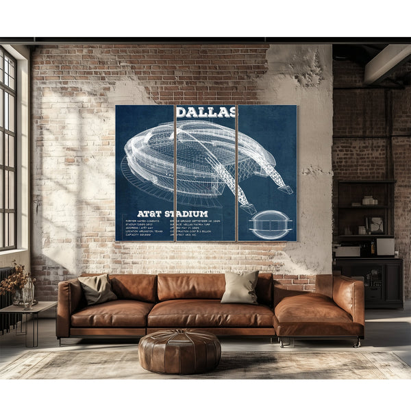 Dallas Cowboys - AT&T Stadium Print as a 3 panel canvas wrap above a leather sofa