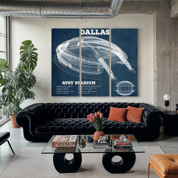 Dallas Cowboys - AT&T Stadium Print as a 3 panel canvas wrap in a modern living room