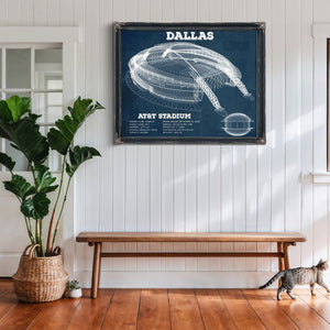 Dallas Cowboys - AT&T Stadium Print framed in Vintage Black above a rustic console table