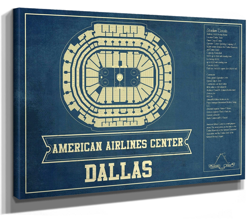 14" x 11" / Stretched Canvas Wrap Cutler West Dallas Stars - American Airlines Center Vintage Hockey Blueprint NHL Print