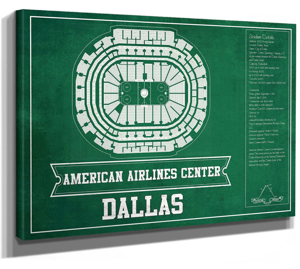 14" x 11" / Stretched Canvas Wrap Cutler West Dallas Stars Team Colors - American Airlines Center Vintage Hockey Blueprint NHL Print