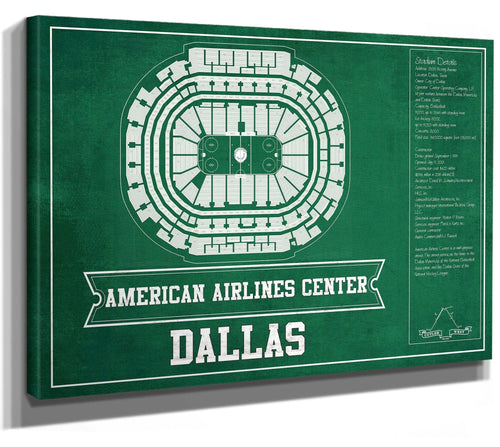 14" x 11" / Stretched Canvas Wrap Cutler West Dallas Stars Team Colors - American Airlines Center Vintage Hockey Blueprint NHL Print