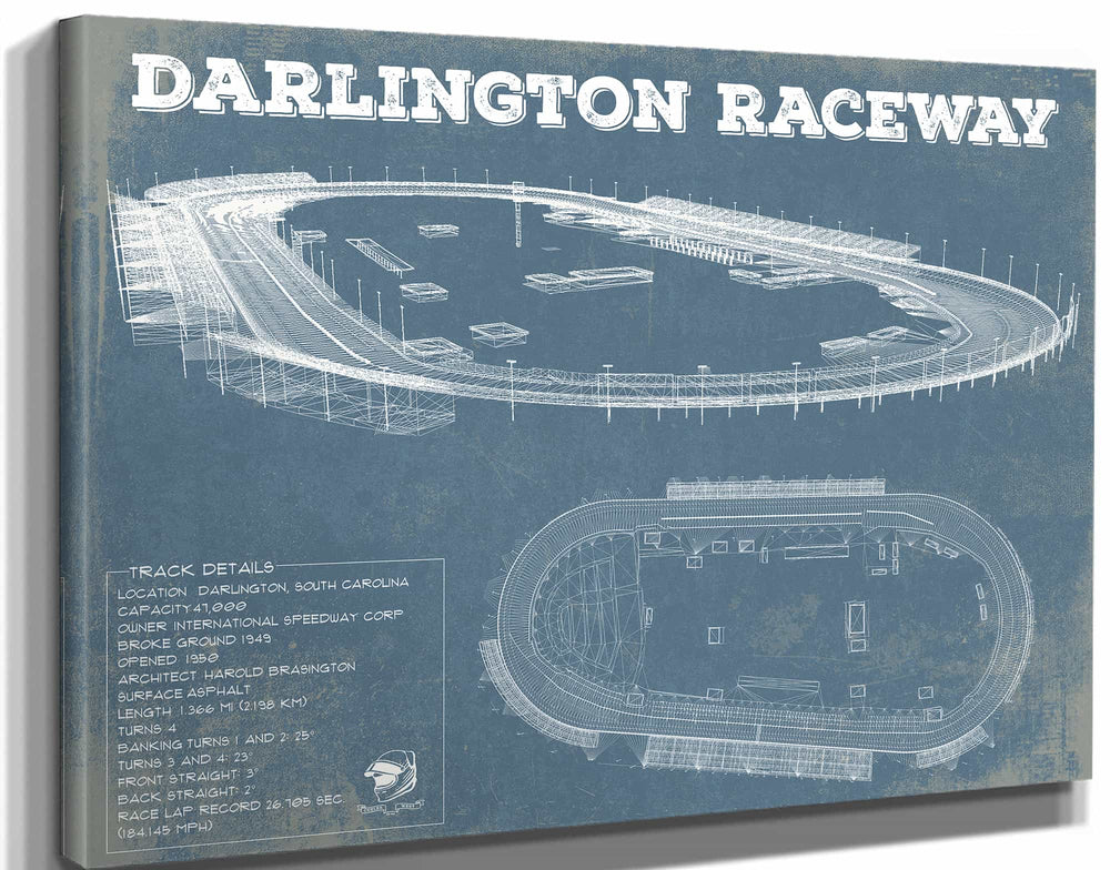14" x 11" / Stretched Canvas Wrap Cutler West Darlington Raceway Blueprint NASCAR Race Track Print