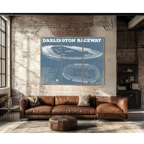 Darlington Raceway Blueprint NASCAR Race Track Print as a 3 panel canvas wrap above a leather sofa