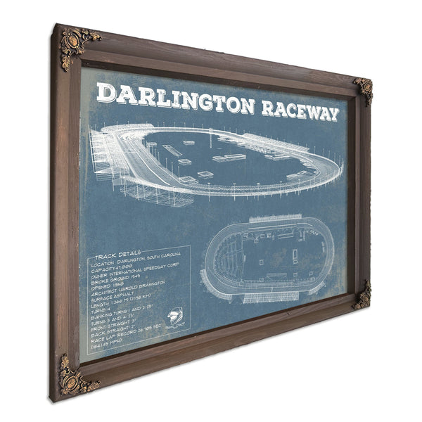 Darlington Raceway Blueprint NASCAR Race Track Print in a Bourbon stained wood frame with antique gold corners