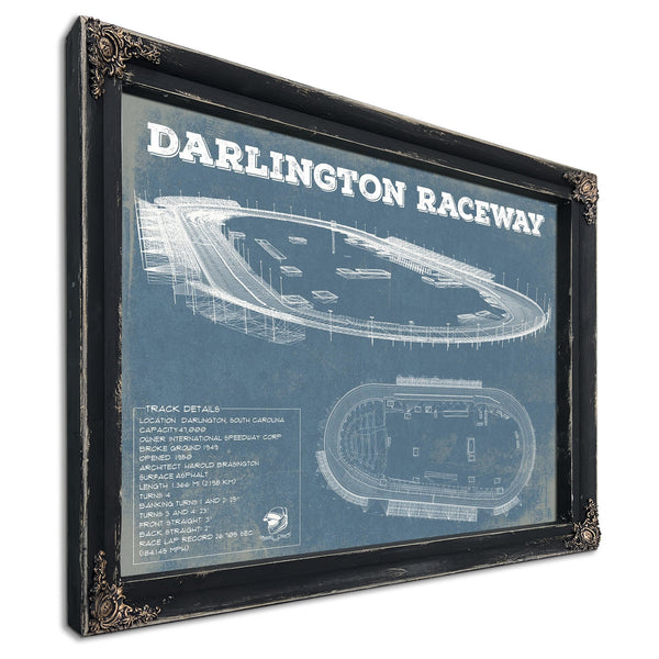 Darlington Raceway Blueprint NASCAR Race Track Print in a distressed Vintage Black wood frame with ornate corners