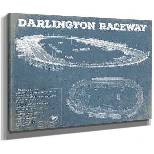 Darlington Raceway Blueprint NASCAR Race Track Print as a stretched canvas wrap with gallery wrapped edges