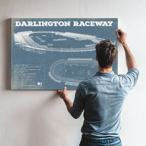 Darlington Raceway Blueprint NASCAR Race Track Print framed in Vintage Black above a mid-century record console