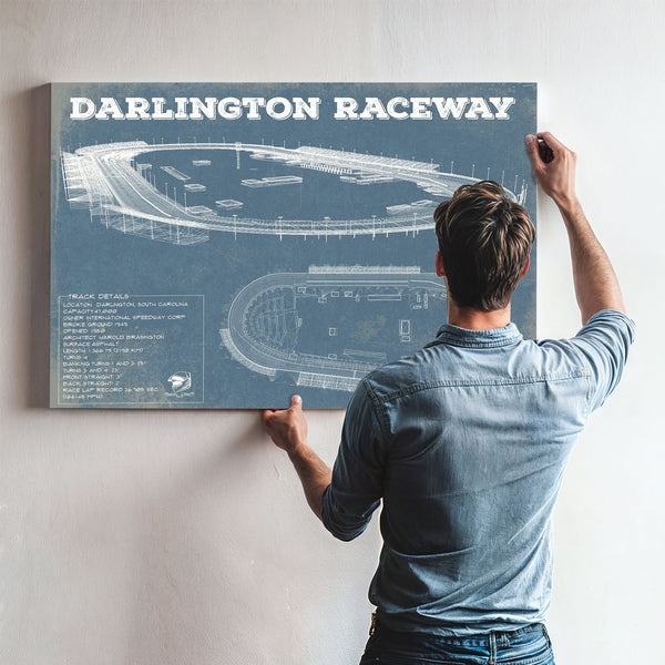 Darlington Raceway Blueprint NASCAR Race Track Print framed in Vintage Black above a mid-century record console