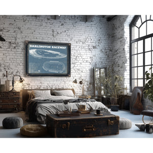 Darlington Raceway Blueprint NASCAR Race Track Print framed in Vintage Black in a farmhouse entryway