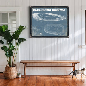 Darlington Raceway Blueprint NASCAR Race Track Print framed in Vintage Black above a rustic console table