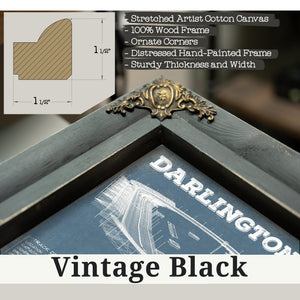 Vintage Black frame corner detail, 1.5 inch ornate wood moulding, Darlington Raceway Blueprint NASCAR Race Track Print