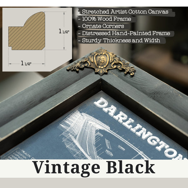 Vintage Black frame corner detail, 1.5 inch ornate wood moulding, Darlington Raceway Blueprint NASCAR Race Track Print