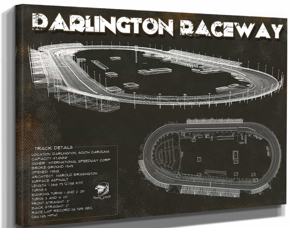 14" x 11" / Stretched Canvas Wrap Cutler West Darlington Raceway Charcoal Blueprint NASCAR Race Track Print