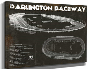 14" x 11" / Stretched Canvas Wrap Cutler West Darlington Raceway Charcoal Blueprint NASCAR Race Track Print
