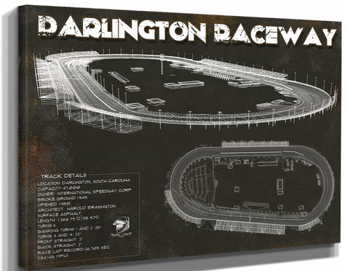 14" x 11" / Stretched Canvas Wrap Cutler West Darlington Raceway Charcoal Blueprint NASCAR Race Track Print