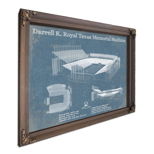 Darrell K Royal Texas Memorial Stadium Print in a Bourbon stained wood frame with antique gold corners