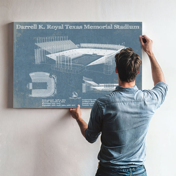 Darrell K Royal Texas Memorial Stadium Print framed in Vintage Black above a mid-century record console