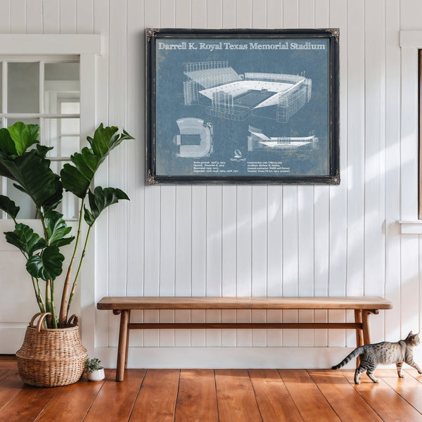 Darrell K Royal Texas Memorial Stadium Print framed in Vintage Black above a rustic console table