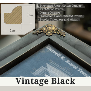 Vintage Black frame corner detail, 1.5 inch ornate wood moulding, Darrell K Royal Texas Memorial Stadium Print
