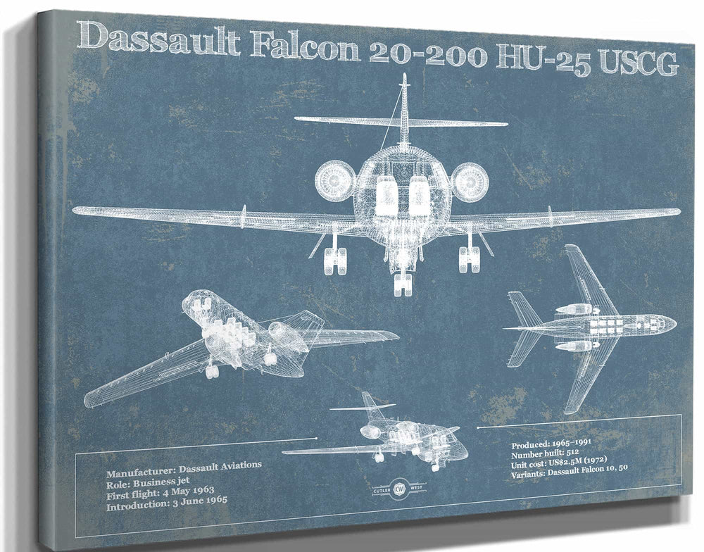 14" x 11" / Stretched Canvas Wrap Cutler West Dassault Falcon 20-200 HU-25 USCG Vintage Aviation Blueprint Print - Custom Pilot Name can be Added
