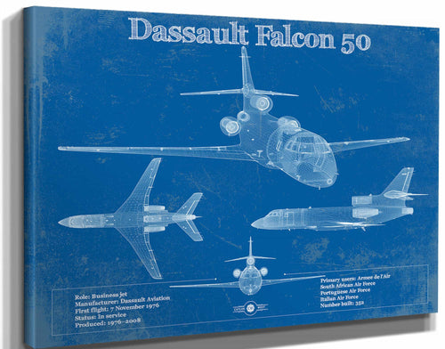 14" x 11" / Stretched Canvas Wrap Cutler West Dassault Falcon 50 Vintage Blueprint Airplane Print