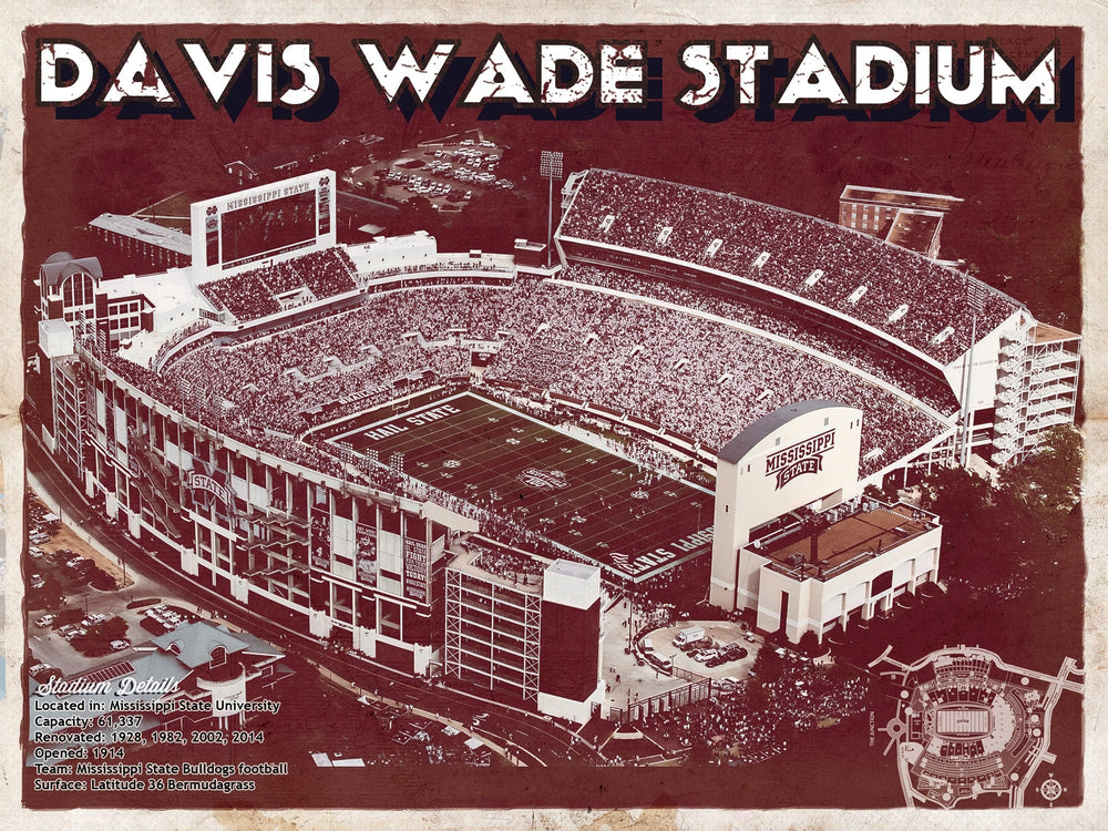 14" x 11" / Stretched Canvas Wrap Cutler West Davis Wade Stadium -  Mississippi State Football Vintage Art Print