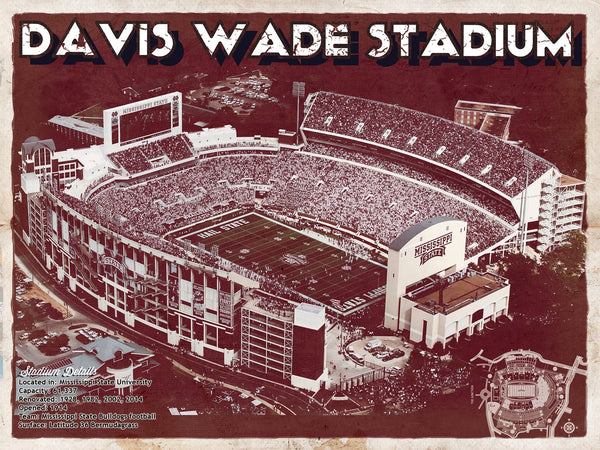 14" x 11" / Unframed Cutler West Davis Wade Stadium -  Mississippi State Football Vintage Art Print
