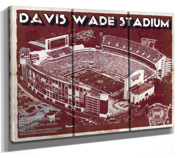 36" x 24" / 3 Panel Canvas Wrap Cutler West Davis Wade Stadium -  Mississippi State Football Vintage Art Print