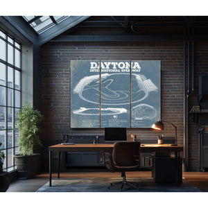 Daytona International Speedway Blueprint NASCAR Race Track Print as a 3 panel canvas wrap in an industrial loft office